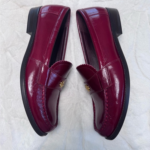 Tory Burch Burgundy Patent Leather Penny Loafers with Gold Logo - Picture 3 of 12